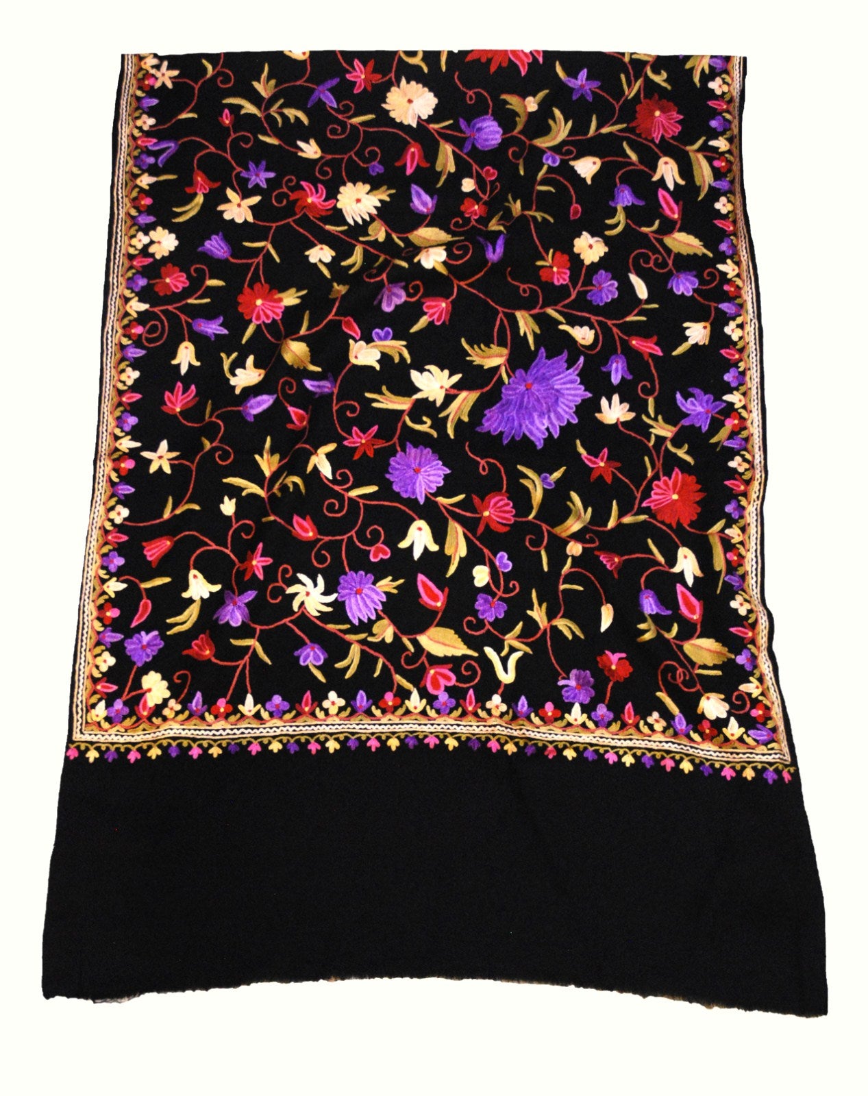 Kashmir Wool Shawl Wrap Throw Black, Multicolor Embroidery #WS-123