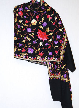 Kashmir Wool Shawl Wrap Throw Black, Multicolor Embroidery #WS-123