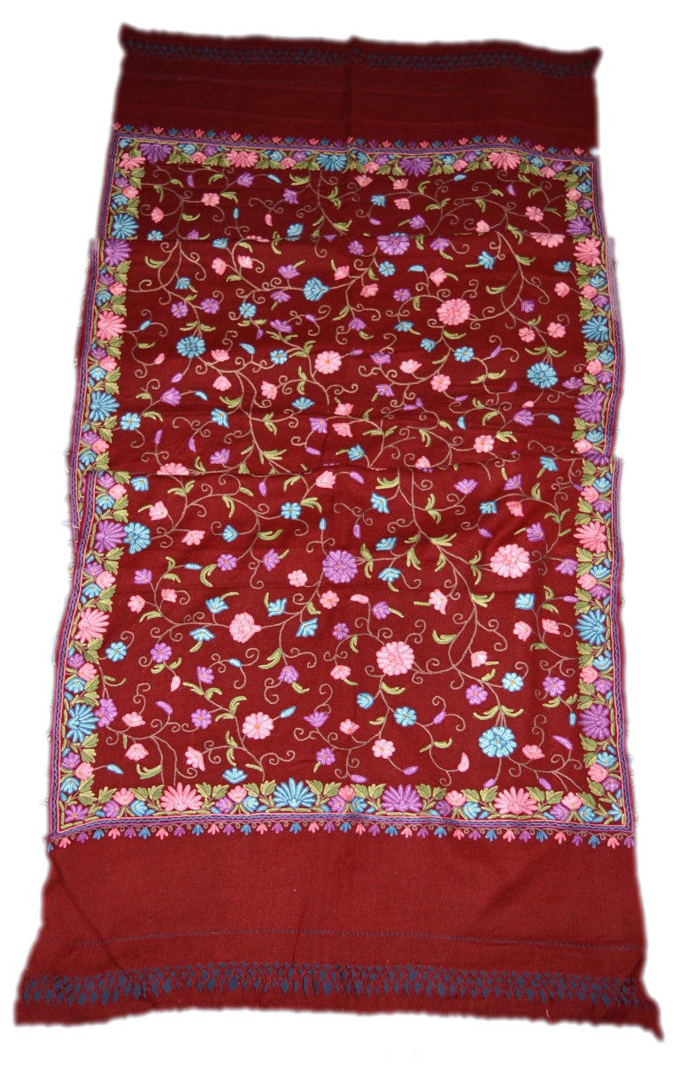 Embroidered Wool Shawl Wrap Throw Maroon, Multicolor Embroidery #WS-124