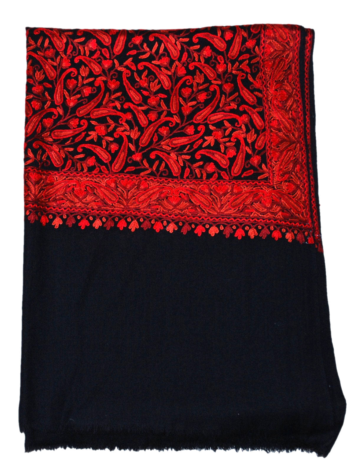 Hand Embroidered Woolen Shawl Wrap Throw Black, Red Embroidery #WS-125