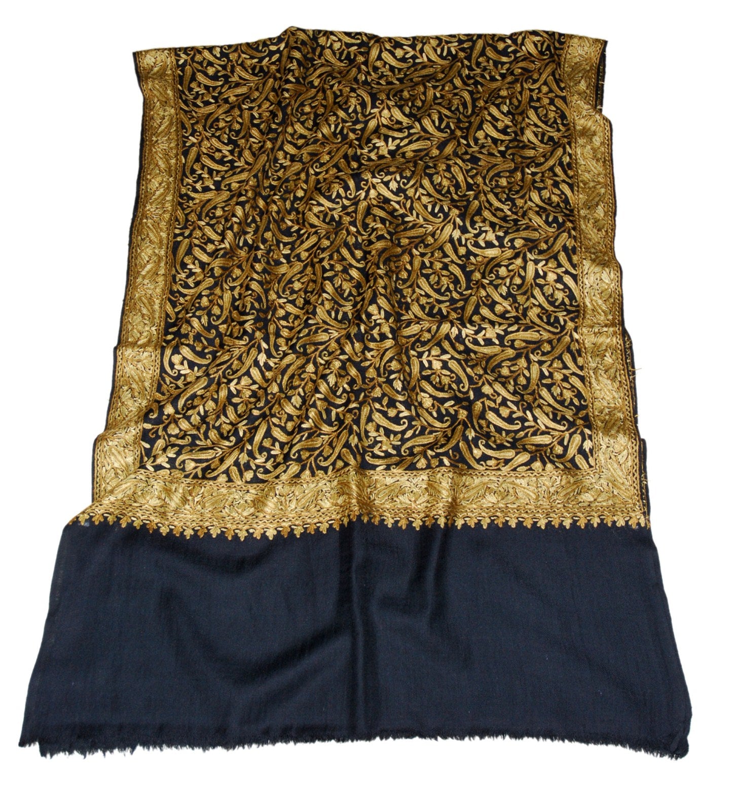 Hand Embroidered Woolen Shawl Wrap Throw Black, Olive Embroidery #WS-142