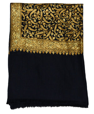 Hand Embroidered Woolen Shawl Wrap Throw Black, Olive Embroidery #WS-142