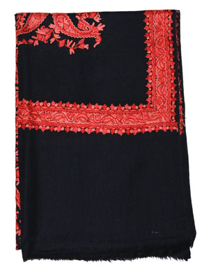 Hand Embroidered Woolen Shawl Wrap Throw Black, Coral Embroidery #WS-144