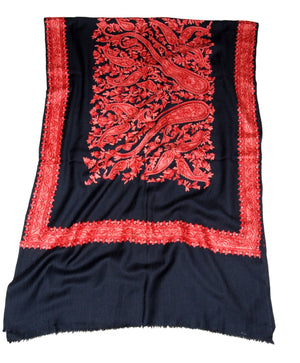 Hand Embroidered Woolen Shawl Wrap Throw Black, Coral Embroidery #WS-144