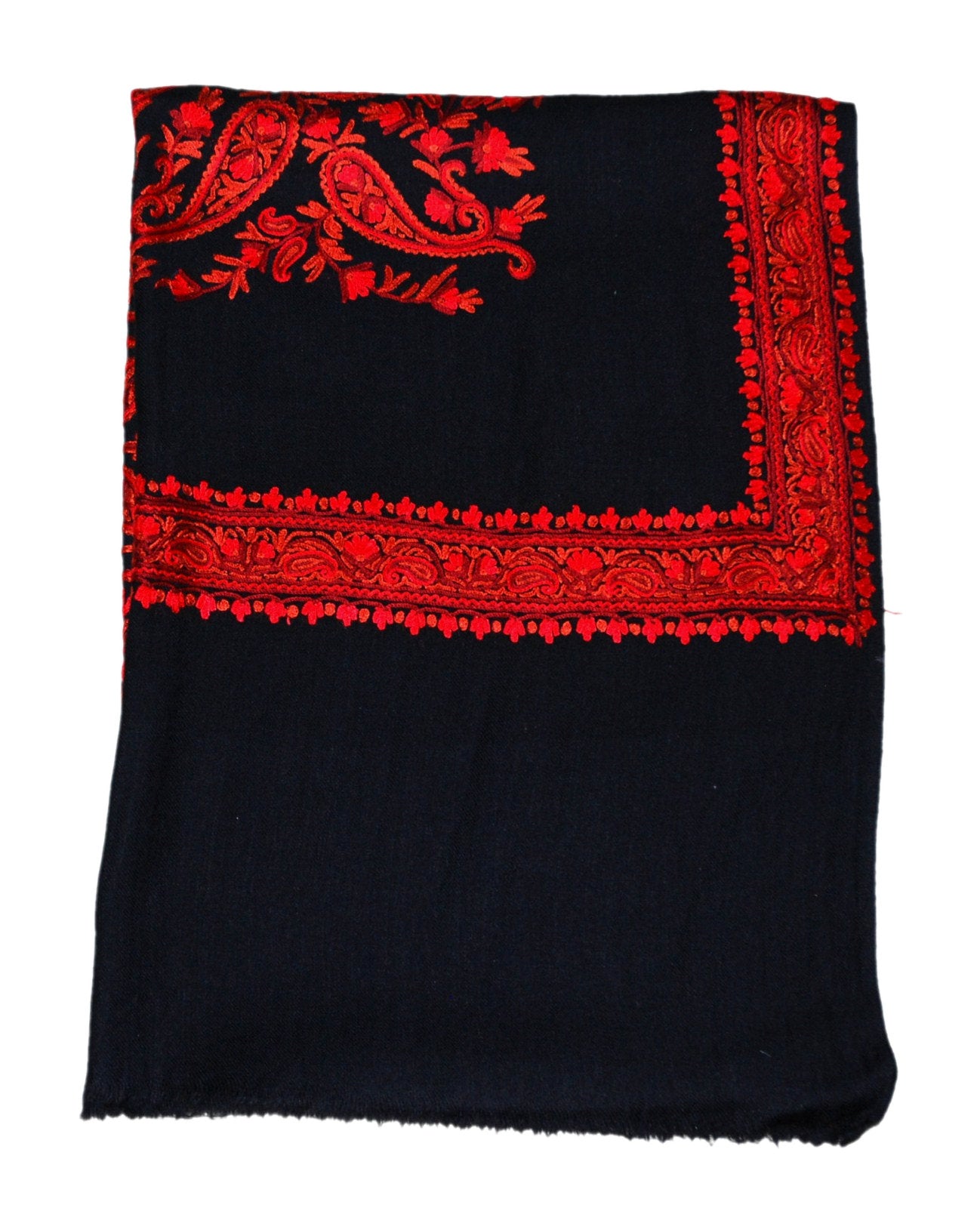 Hand Embroidered Woolen Shawl Wrap Throw Black, Red Embroidery #WS-145