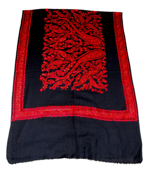 Hand Embroidered Woolen Shawl Wrap Throw Black, Red Embroidery #WS-145