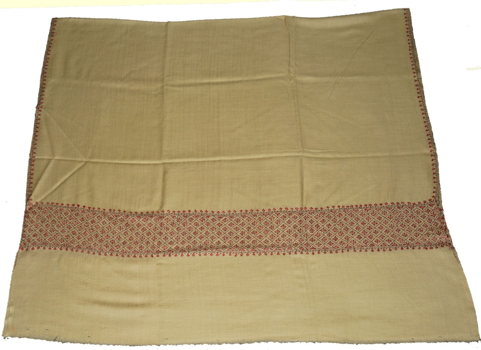 Hand Embroidered Woolen Shawl Wrap Throw Beige, Multicolor #WS-502