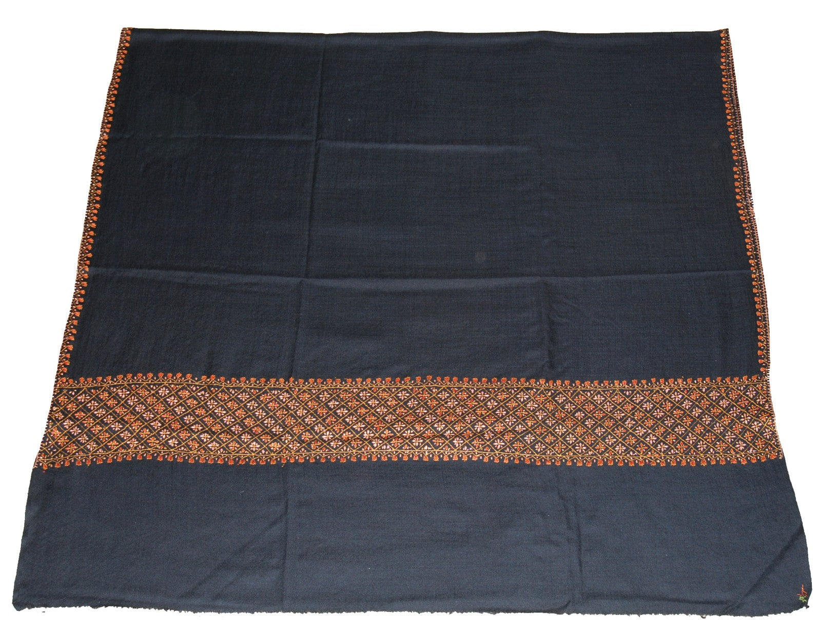 Embroidered Wool Shawl Black, Multicolor "Sozni" Embroidery #WS-501