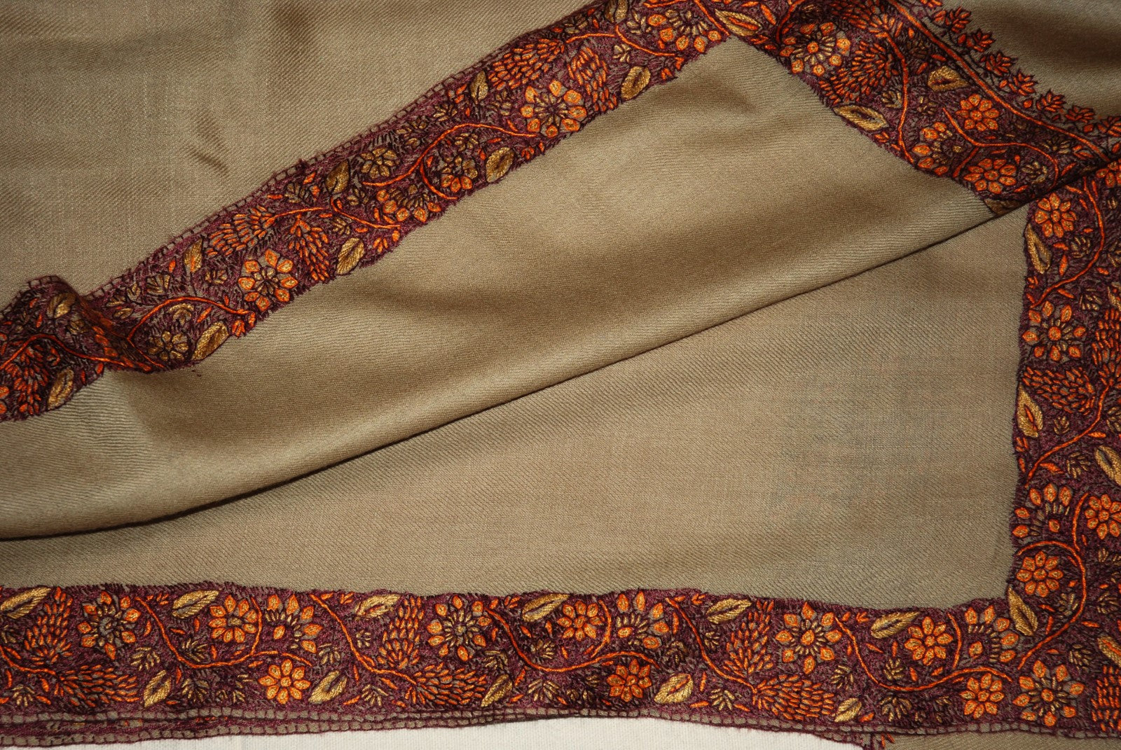 Kashmir Wool Shawl Wrap Throw Beige, Multicolor "Sozni" Embroidery #WS-503
