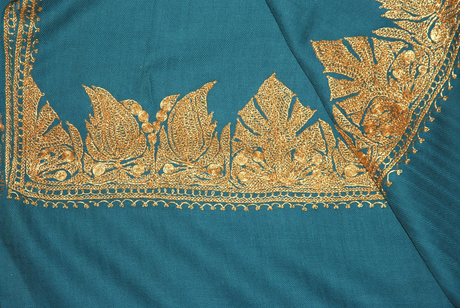 Embroidered Wool Shawl Sea Green, Gold "Tilla" Sozni Embroidery #WS-902