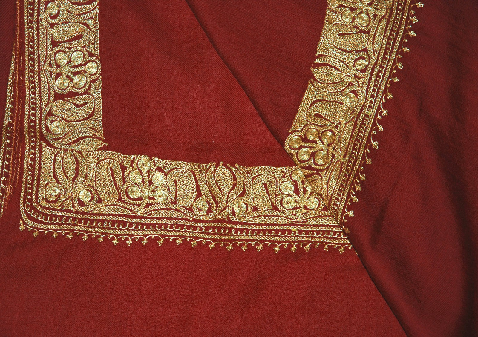 Embroidered Wool Shawl Maroon, Gold "Tilla" Sozni Embroidery #WS-923