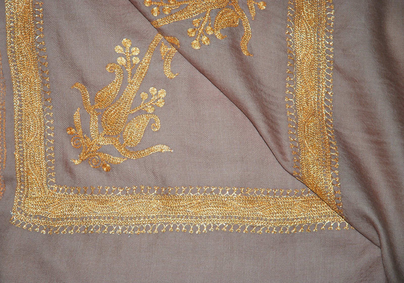 Embroidered Wool Shawl Beige, Gold "Tilla" Sozni Embroidery #WS-941