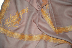 Embroidered Wool Shawl Beige, Gold "Tilla" Sozni Embroidery #WS-941