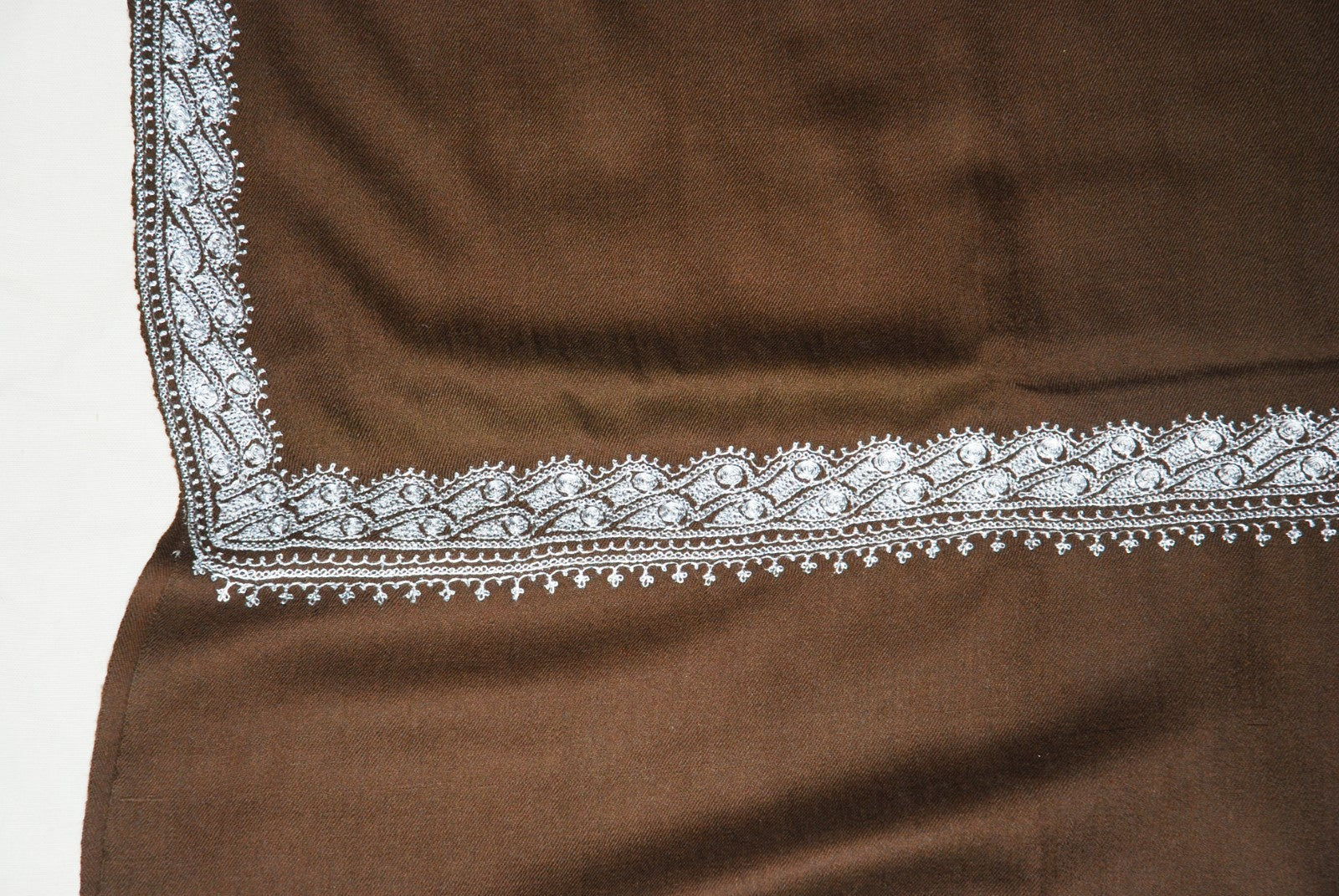 Embroidered Wool Shawl Brown, Silver "Tilla" Sozni Embroidery #WS-927