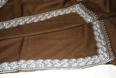 Kashmir Wool Shawl Tan Brown, Silver "Tilla" Sozni Embroidery #WS-927