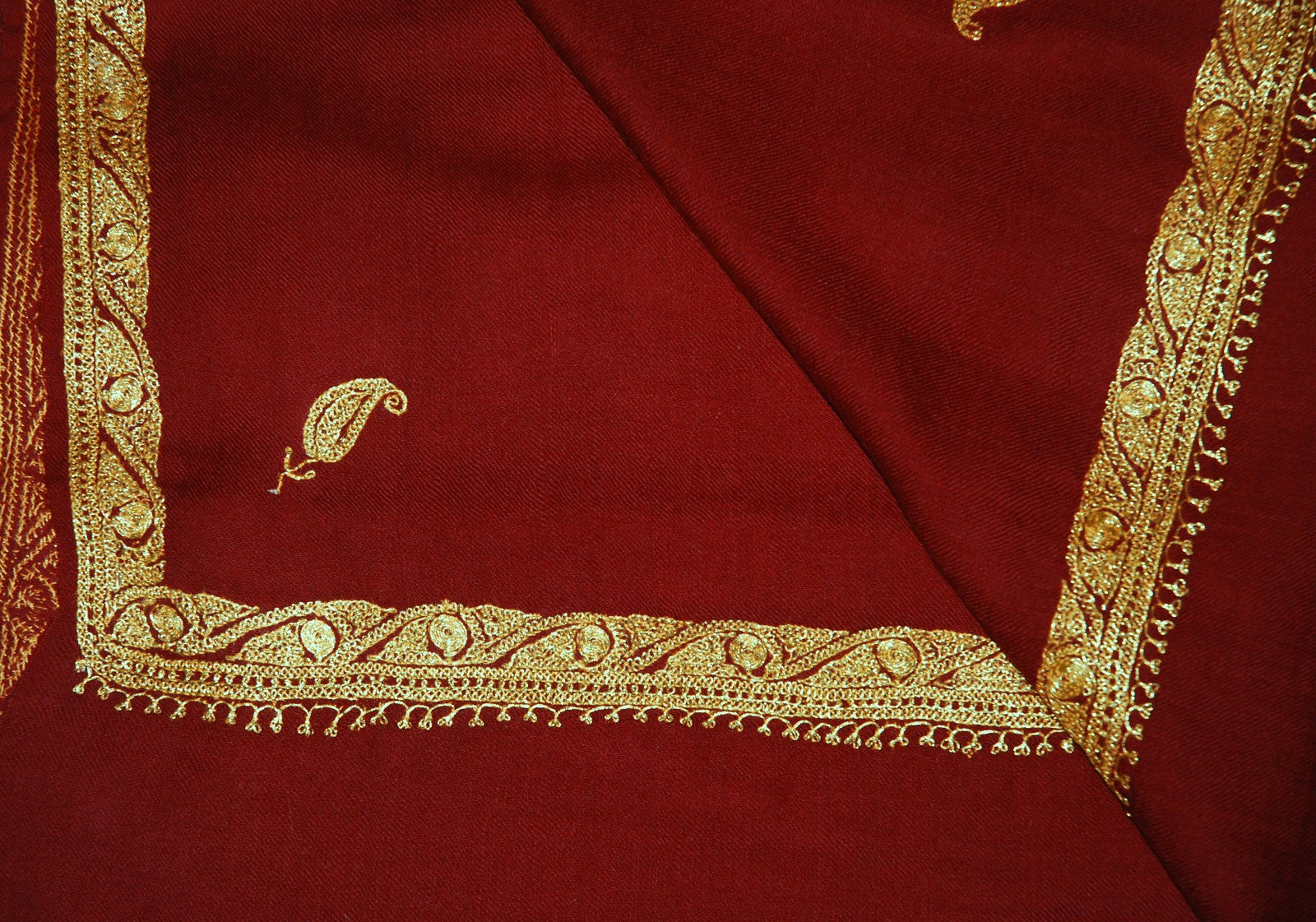 Embroidered Wool Shawl Maroon, Gold "Tilla" Sozni Embroidery #WS-922