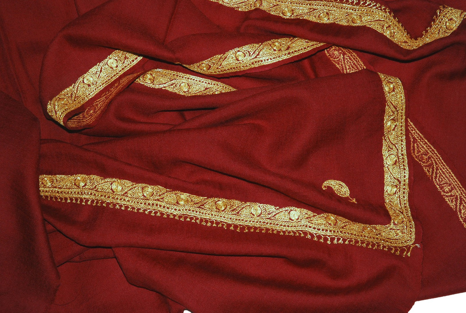 Embroidered Wool Shawl Maroon, Gold "Tilla" Sozni Embroidery #WS-922
