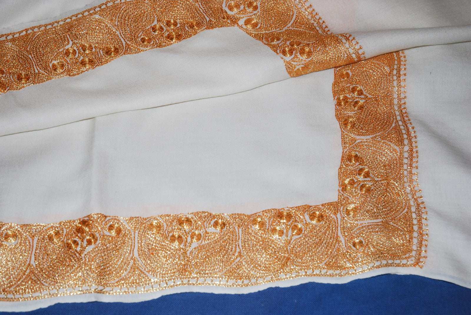 Embroidered Wool Shawl White, Gold "Tilla" Sozni Embroidery #WS-920