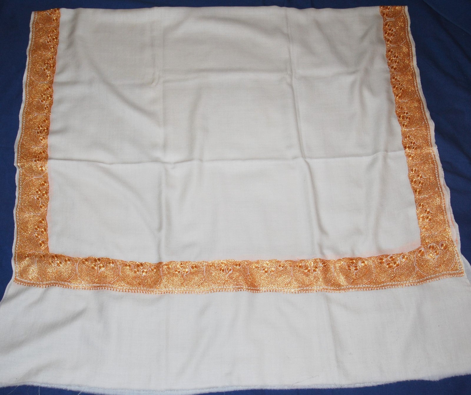 Embroidered Wool Shawl White, Gold "Tilla" Sozni Embroidery #WS-920