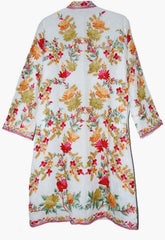 Kashmiri Linen Coat White, Multicolor Embroidery #AO-601