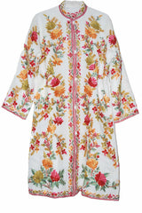 Kashmiri Linen Coat White, Multicolor Embroidery #AO-601