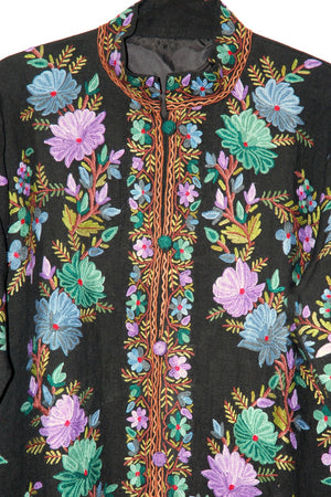Linen Coat Long Jacket Black, Multicolor Embroidery #AO-611