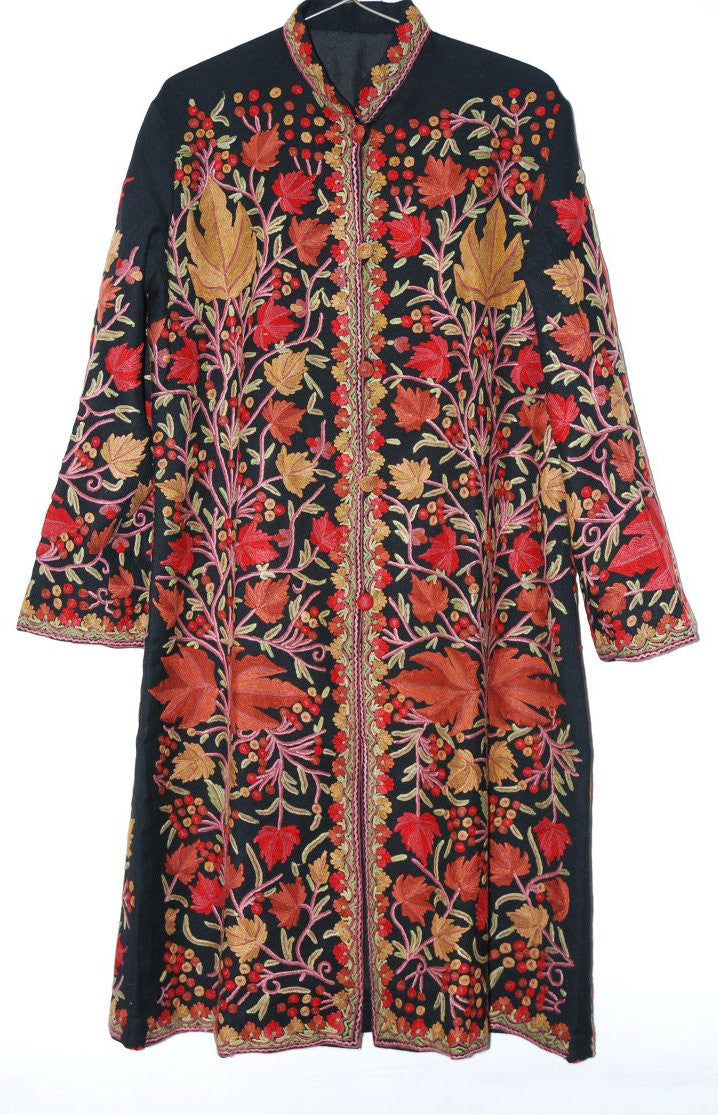 Woolen Coat Long Jacket Black, Multicolor Embroidery #AO-136
