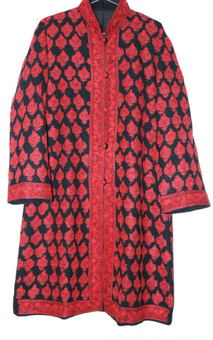 Woolen Coat Long Jacket Black, Red Embroidery #AO-139
