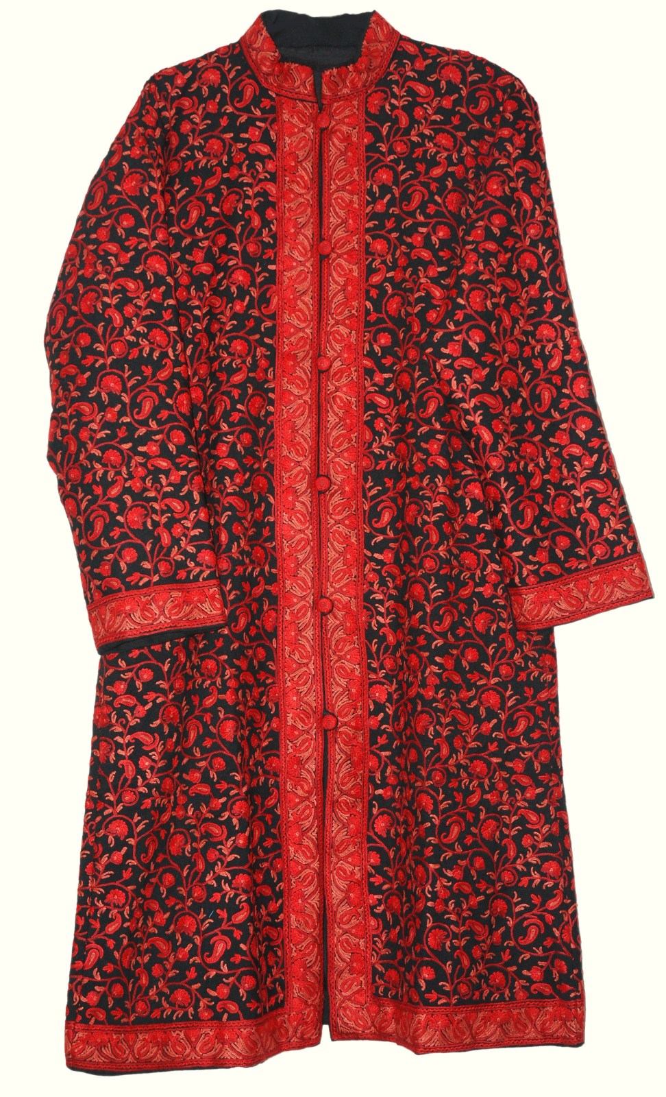 Woolen Coat Long Jacket Black, Red Embroidery #AO-153