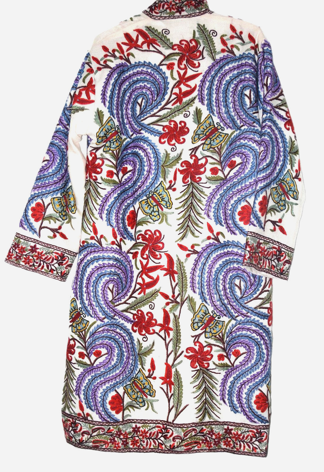 Woolen Coat Long Jacket White, Multicolor Embroidery #AO-155