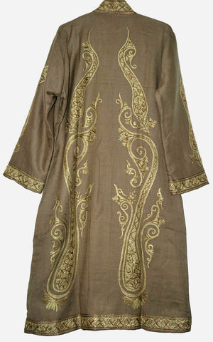 Woolen Coat Long Jacket Beige, Tone-Tone Embroidery #AO-156