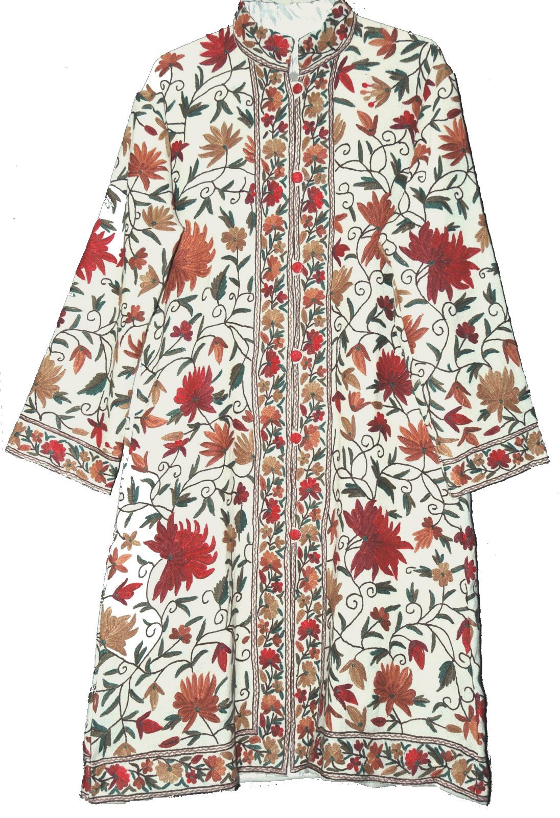 Woolen Coat Long Jacket White, Multicolor Embroidery #AO-157