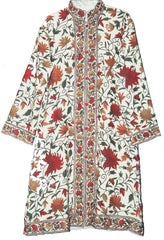 Kashmiri Woolen Coat Off-White, Multicolor Embroidery #AO-157