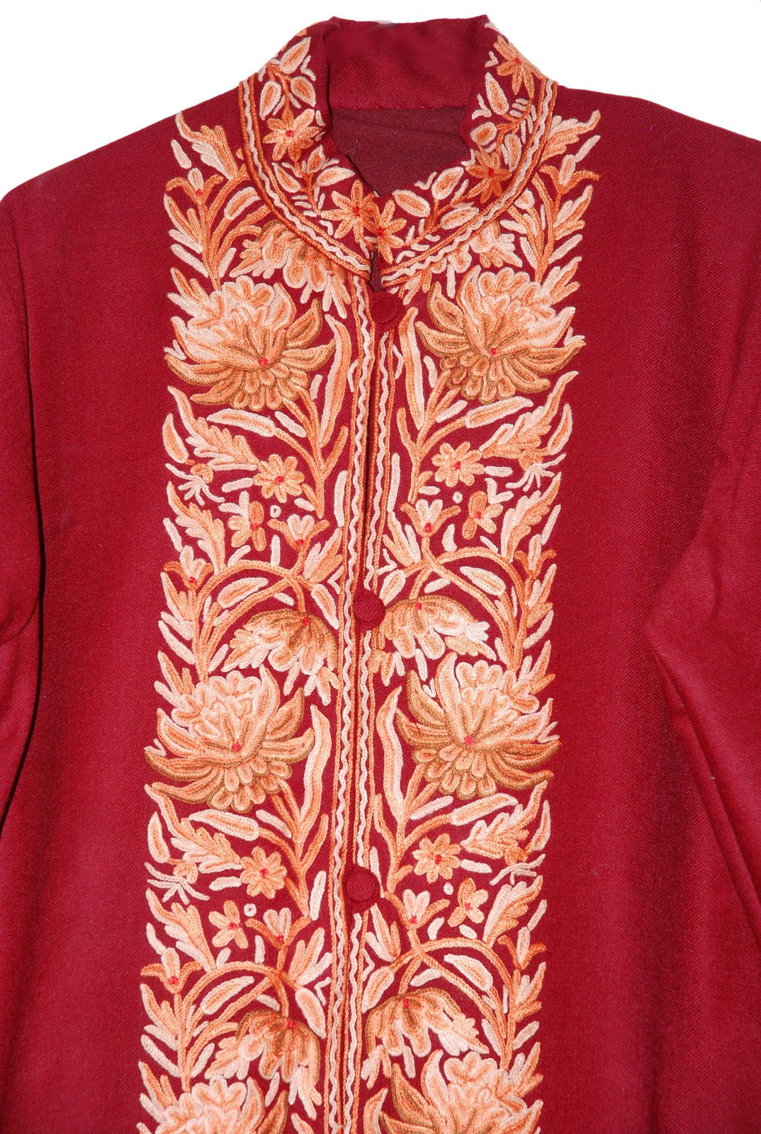 Woolen Coat Long Jacket Maroon, Multicolor Embroidery #BD-103