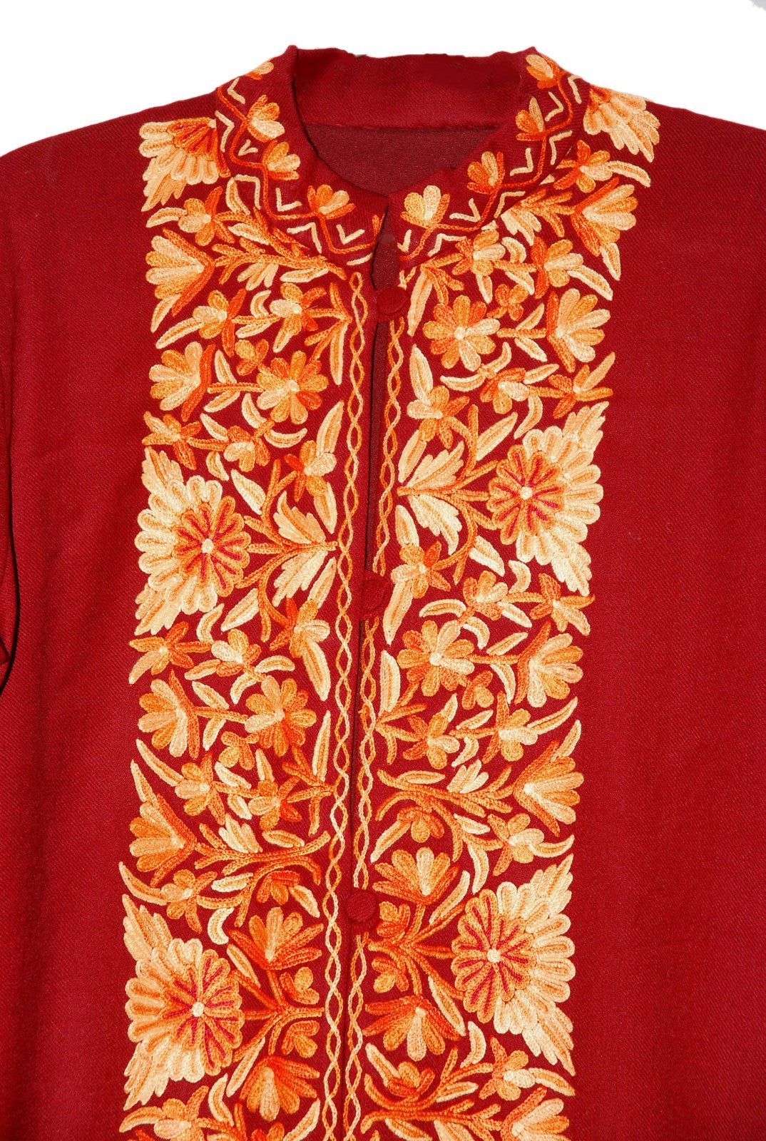 Kashmiri Woolen Coat Long Jacket Maroon, Rust Embroidery #BD-107