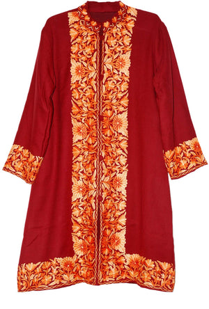 Kashmiri Woolen Coat Long Jacket Maroon, Rust Embroidery #BD-107