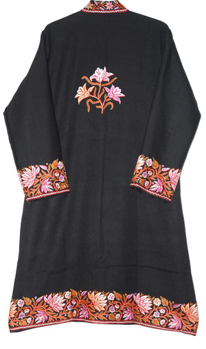 Woolen Coat Long Jacket Black, Multicolor Embroidery #BD-105