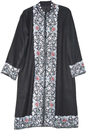 Woolen Coat Long Jacket Black, Red and Grey Embroidery #BD-106