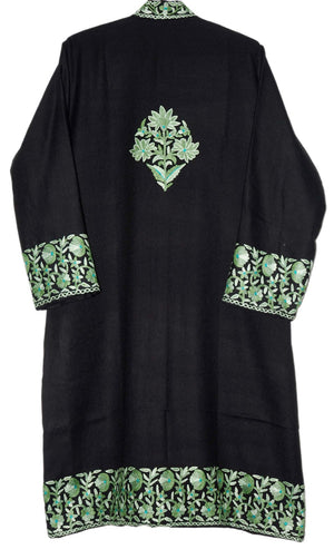 Woolen Coat Long Jacket Black, Olive and Green Embroidery #BD-108