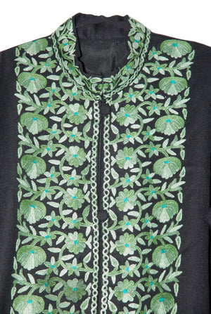 Woolen Coat Long Jacket Black, Olive and Green Embroidery #BD-108