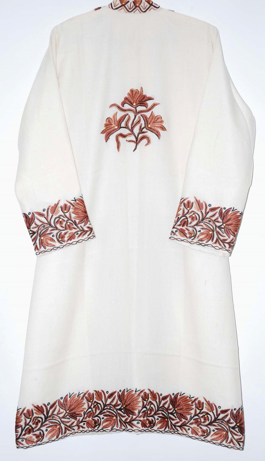Woolen Coat Long Jacket White, Brown Embroidery #BD-110