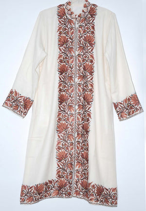 Woolen Coat Long Jacket White, Brown Embroidery #BD-110