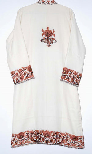 Woolen Coat Long Jacket White, Brown Embroidery #BD-111