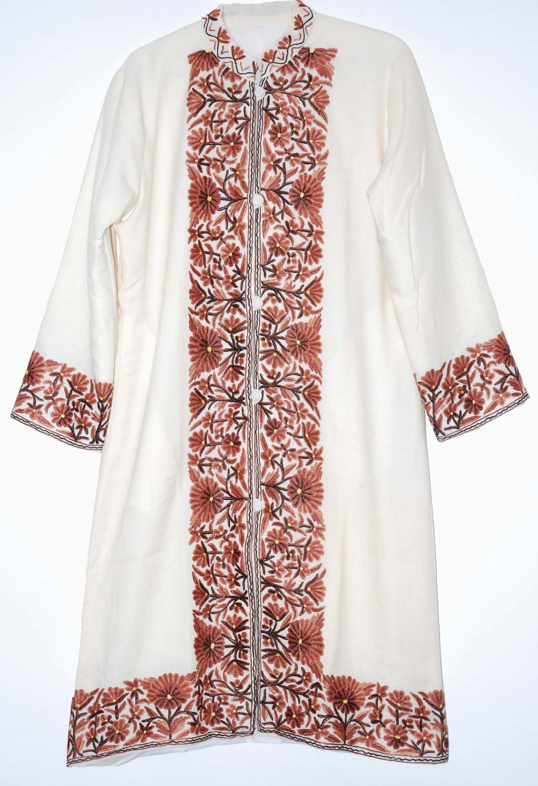 Woolen Coat Long Jacket White, Brown Embroidery #BD-111