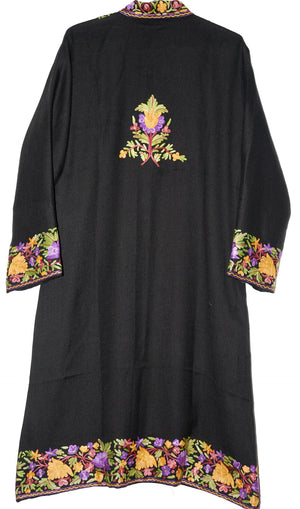 Woolen Coat Long Jacket Black, Multicolor Embroidery #BD-113