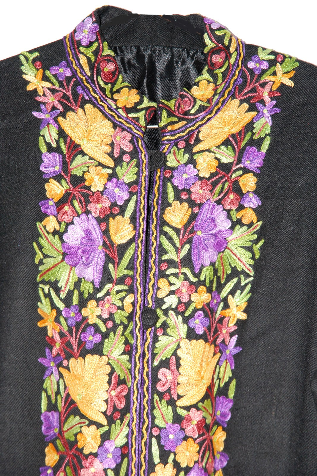 Woolen Coat Long Jacket Black, Multicolor Embroidery #BD-113