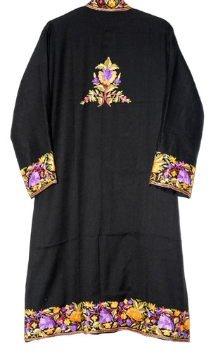 Woolen Coat Long Jacket Black, Multicolor Embroidery #BD-114