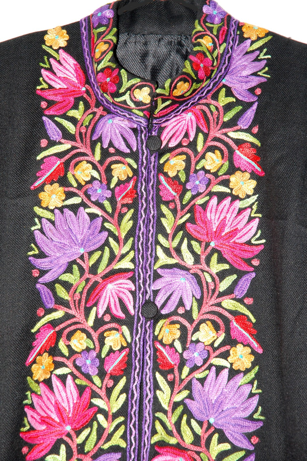 Woolen Coat Long Jacket Black, Multicolor Embroidery #BD-115