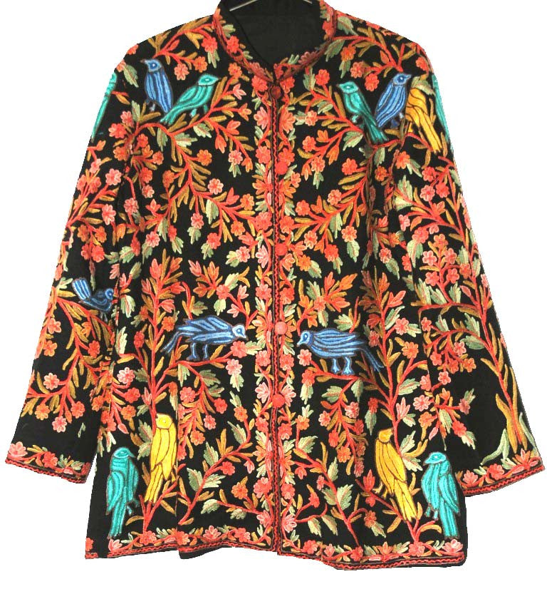 Kashmiri Woolen Jacket Birds Black, Multicolor Embroidery #AO-028