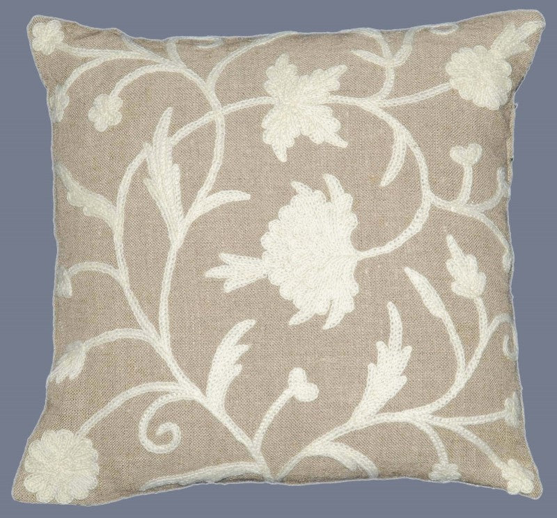 Linen Crewel Throw Pillow Cushion Cover, White on Beige #CW622
